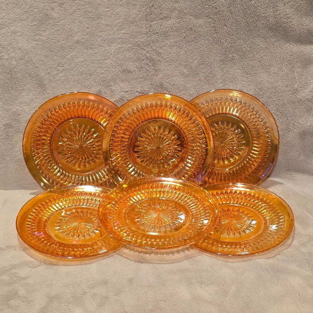 Vintage Jeanette Marigold Anniversary Carnival Glass Dessert Plates Set of 6